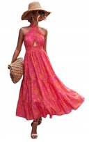 Rozkloszowana Sukienka Na Szyję Elegancka Różowa