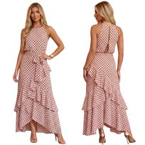 Różowa sukienka maxi W GROCHY kropki falbany, KOKTAJLOWA sukienka POLKA DOTS L sarcia.eu