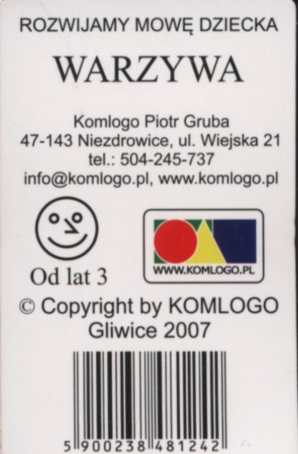 Rozwijamy mowę i myślenie dziecka Warzywa, karty logopedyczne, Komlogo