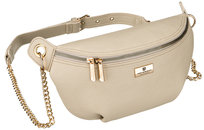 Saszetka damska beżowa PETERSON nerka mała listonoszka z ozdobnym łańcuszkiem kieszonki na suwak regulowany pasek złote okucia modna miejska
