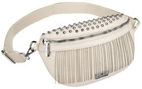 Saszetka nerka damska z ozdobnym frontem PETERSON skóra ekologiczna miejska kieszonki na drobiazgi telefon szeroki odpinany pasek nerka na biodra lub przez ramię ecru