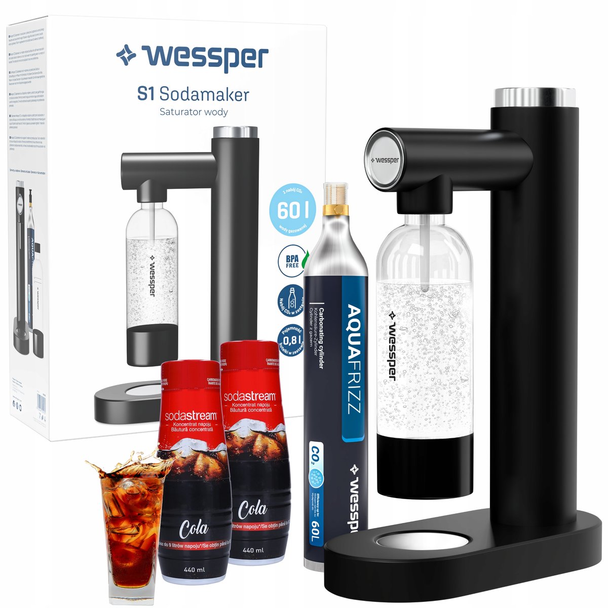 Zdjęcia - Saturator Wessper  do wody nabój butelka zestaw + 2x Syrop SodaStream Cola 440ml 