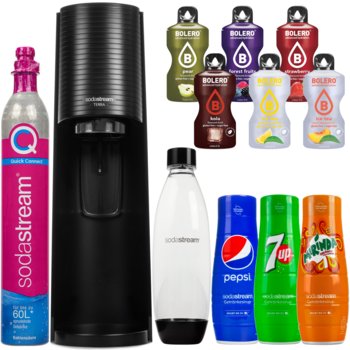 Saturator do wody SODASTREAM Terra - czarny zestaw z butelką 1L, syropami Pepsi Mirinda 7UP, saszetkami Bolero gazowanie wody bez plastiku - SodaStream