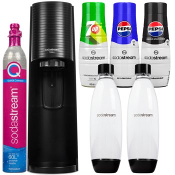 saturator do wody SODASTREAM Terra - czarny zestaw z butelkami i syropami gazowana woda bez cukru napoje domowe - SodaStream