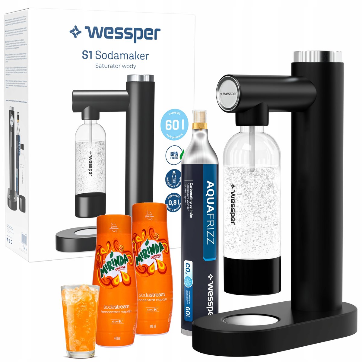 Saturator wody gazowanej Wessper Koncentrat syrop SodaStream Mirinda zestaw  - Wessper