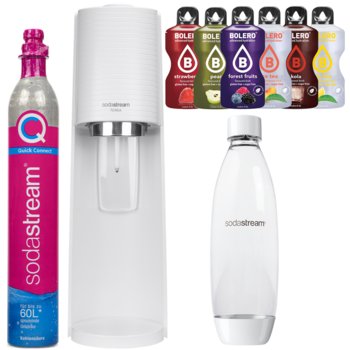 Saturator wody SODASTREAM Terra - biały z butelką bez BPA i nabojem Quick Connect zestaw z napojami Bolero bez cukru - SodaStream