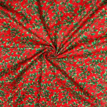 Satyna bawełniana wzorzysta zielony ostrokrzew na czerwonym tle - ANTEX