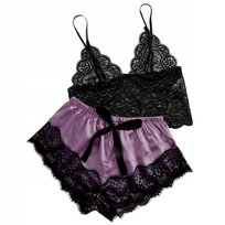 Satynowy Komplet Bielizna Piżama Top Koszulka Nocna Koronka Spodenki