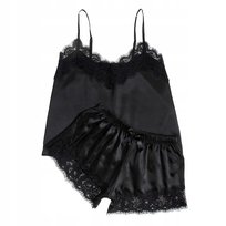 Satynowy Komplet Koszulka Nocna Bielizna Damska Piżama Koronka Majtki Kolor Czarny
