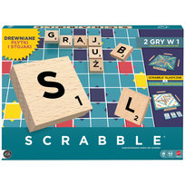 Scrabble, Rodzinna i towarzyska słowna gra planszowa 2w1 Klasyczne i drużynowe, drewniane płytki i stojaki, Wersja polska JGR65