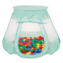 Selonis, namiot zamek z piłeczkami 6cm miętowy: żółty-zielony-niebieski-czerwony-pomarańcz 105x90cm/100piłek