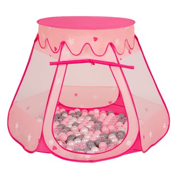Selonis, namiot zamek z piłeczkami 6cm różowy: perła-szary-transparent-pudrowy róż 105x90cm/600piłek - Selonis