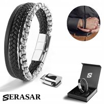 SERASAR, Bransoleta ze skóry naturalnej Premium z zapięciem magnetycznym ze stali nierdzewnej, Srebrna, 17 cm, z pudełkiem prezentowym