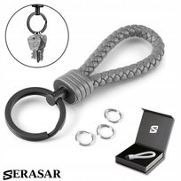 SERASAR, Brelok skórzany [mocny] z kółkiem ze stali nierdzewnej - Dodatkowe kółka na małe klucze - Z pudełkiem prezentowym - Kolor szary