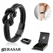 SERASAR, damska bransoletka skórzana premium „Knot”, czarna, 18 cm, idealny prezent dla niej, modna bransoletka na nadgarstek