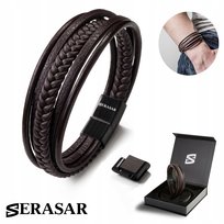 SERASAR męska bransoletka ze skóry naturalnej [Braid] - brązowy 23 cm, modna bransoletka z zapięciem magnetycznym, pomysł na prezent dla ojca lub brata