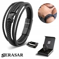 SERASAR, męska skórzana bransoletka „Flake”, czarna, 20 cm, ze stalowym zapięciem magnetycznym, w zestawie pudełko prezentowe