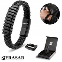 SERASAR, męska skórzana bransoletka „Helix”, czarna, 20 cm, ze stalowym zapięciem magnetycznym, w zestawie pudełko prezentowe