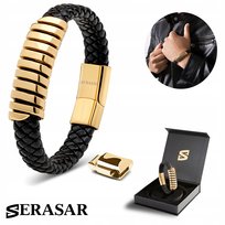SERASAR, męska skórzana bransoletka „Helix”, złoto, 20 cm, ze stalowym zapięciem magnetycznym, w zestawie pudełko prezentowe