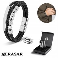 SERASAR, męska skórzana bransoletka „Pearl”, srebro, 20 cm, ze stalowym zapięciem magnetycznym, w zestawie pudełko prezentowe