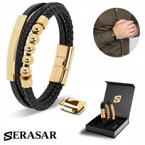 SERASAR, męska skórzana bransoletka „Pearl”, złoto, 17 cm, ze stalowym zapięciem magnetycznym, w zestawie pudełko prezentowe