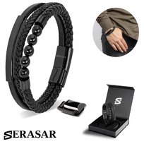 SERASAR, męska skórzana bransoletka „Perła”, czarna, 20 cm, ze stalowym zapięciem magnetycznym, w zestawie pudełko prezentowe