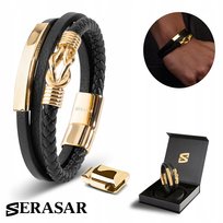 SERASAR, męska skórzana bransoletka „Proud”, złoto, 23 cm, ze stalowym zapięciem magnetycznym, idealny prezent urodzinowy dla brata lub ojca