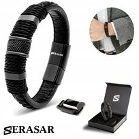 SERASAR męska skórzana bransoletka „Ring”, czarna, 17 cm - ze stalowym zapięciem magnetycznym - w zestawie pudełko prezentowe - modna opaska na nadgarstek
