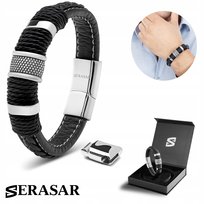 SERASAR męska skórzana bransoletka „Ring”, srebrna, 17 cm - ze stalowym zapięciem magnetycznym - w zestawie pudełko prezentowe - modna opaska na nadgarstek