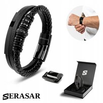 SERASAR męska skórzana bransoletka „Shine”, czarna, 20 cm - ze stalowym zapięciem magnetycznym - idealny prezent urodzinowy dla męża lub chłopaka