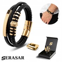 SERASAR męska skórzana bransoletka „Shine”, złoto, 20 cm - ze stalowym zapięciem magnetycznym - w zestawie pudełko prezentowe - modna opaska na nadgarstek
