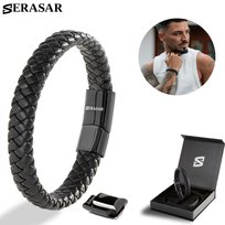 SERASAR, Męska skórzana bransoletka „Steady” czarna 20 cm, Idealny pomysł na prezent dla niego, Modna opaska na nadgarstek ze stalowym zapięciem