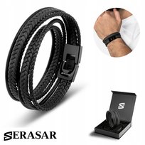 SERASAR, męska skórzana bransoletka „Wrap”, czarna, 46 cm, idealny prezent dla ojca lub brata