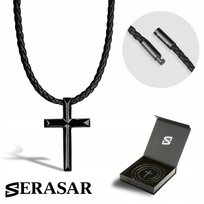 SERASAR, męski skórzany naszyjnik „Cross”, czarny, 50 cm, wisior ze stali nierdzewnej, bezpieczne zapięcie, w zestawie pudełko na biżuterię, idealny prezent na Boże Narodzenie
