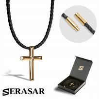 SERASAR, męski skórzany naszyjnik „Cross”, złoty, 50 cm, wisior ze stali nierdzewnej, bezpieczne zapięcie, w zestawie pudełko na biżuterię, idealny prezent na Boże Narodzenie