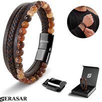 SERASAR, Premium Oryginalna Skórzana Bransoletka Dla Mężczyzn [Stone] w Brązie, Koraliki z Kamienia Naturalnego, 23 cm, Zapięcie Magnetyczne Ze Stali Nierdzewnej, W Zestawie Pudełko Na Biżuterię