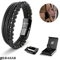 SERASAR, Premium Oryginalna Skórzana Bransoletka Dla Mężczyzn [Stone] w Kolorze Czarnym, Koraliki z Kamienia Naturalnego, 20 cm, Zapięcie Magnetyczne Ze Stali Nierdzewnej, W Zestawie Pudełko Na Biżuterię