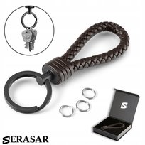 SERASAR, skórzany brelok [mocny] z kółkiem ze stali nierdzewnej - dodatkowe kółka na małe klucze - z pudełkiem prezentowym - kolor brązowy