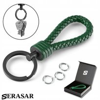 SERASAR, skórzany brelok [mocny] z kółkiem ze stali nierdzewnej - dodatkowe kółka na małe klucze - z pudełkiem prezentowym - kolor zielony
