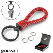 SERASAR, skórzany brelok [Strong] z kółkiem ze stali nierdzewnej - dodatkowe kółka na małe klucze - z pudełkiem prezentowym - kolor czerwony