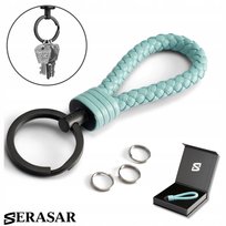 SERASAR, skórzany brelok [Strong] z kółkiem ze stali nierdzewnej - dodatkowe kółka na małe klucze - z pudełkiem prezentowym - kolor turkusowy