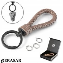 SERASAR, skórzany brelok [Strong] z kółkiem ze stali nierdzewnej - dodatkowe kółka na małe klucze - z pudełkiem prezentowym - kolor wielbłądzi