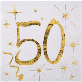 Serwetki, 50 Urodziny - Gold, białe, 25 cm, 20 sztuk - SANTEX
