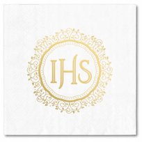 Serwetki jednorazowe białe Komunia Święta napis IHS złoty 33x33 cm 10szt
