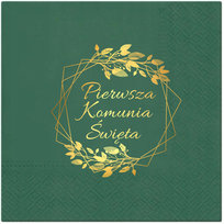 Serwetki Komunijne Butelkowa Zieleń Złoty Heksagon Pierwsza Komunia Święta Boho
