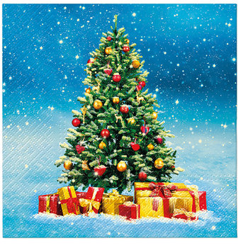 Serwetki świąteczne bibułowe 3 warstwowe z nadrukiem choinki z prezentami na niebieskim tle, 33x33 cm - Paw Decor Collection