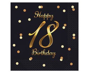 Serwetki urodzinowe Happy 18 Birthday czarne, 33 cm 20 sztuk - GoDan