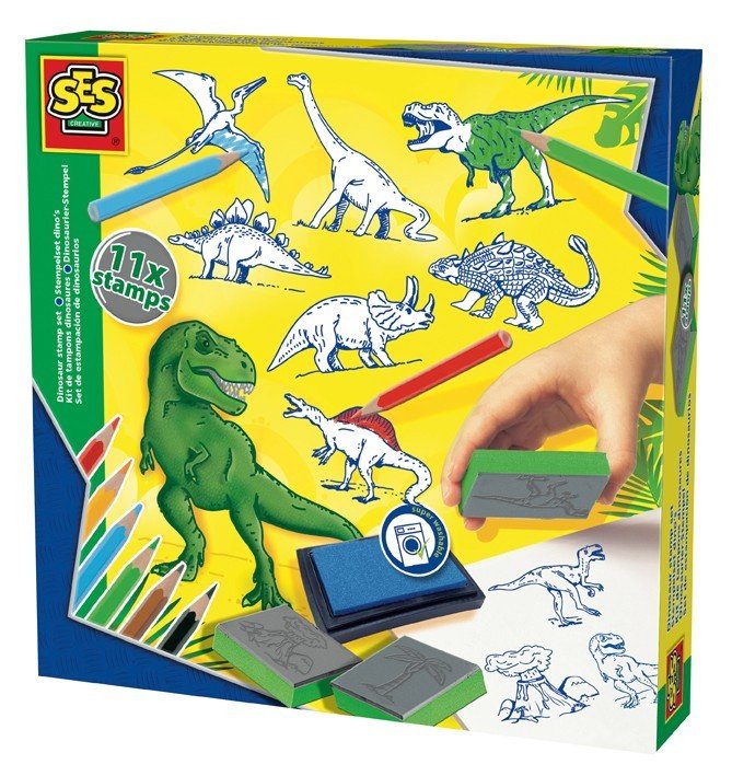 SES Creative, zestaw pieczątek z kredkami Dinozaury