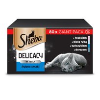 Sheba Saszetki 80x85g Delicacy Rybne smaki – Mokra karma dla dorosłych Kotów w galaretce z łososiem z białą rybą z tuńczykiem z dorszem