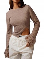 SHEIN BEŻOWY SWETER Z FALBANKĄ NA RĘKAWACH I ASYMETRYCZNYM DOŁEM S 1KA Shein